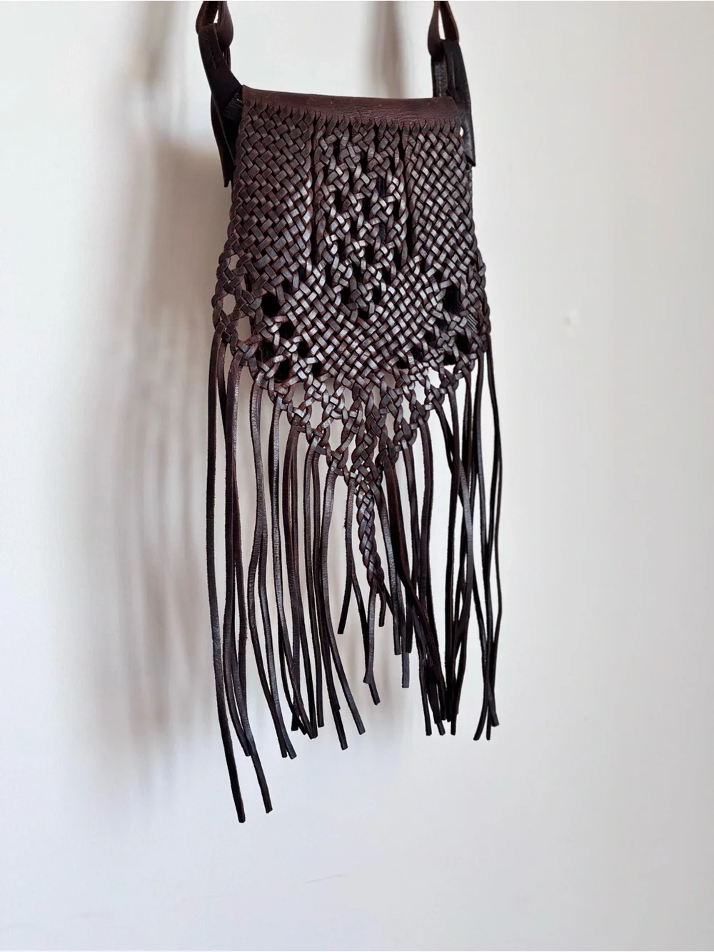 Vintage Genuine Leather Woven Macrame Fringe Crossbody Bag Brown